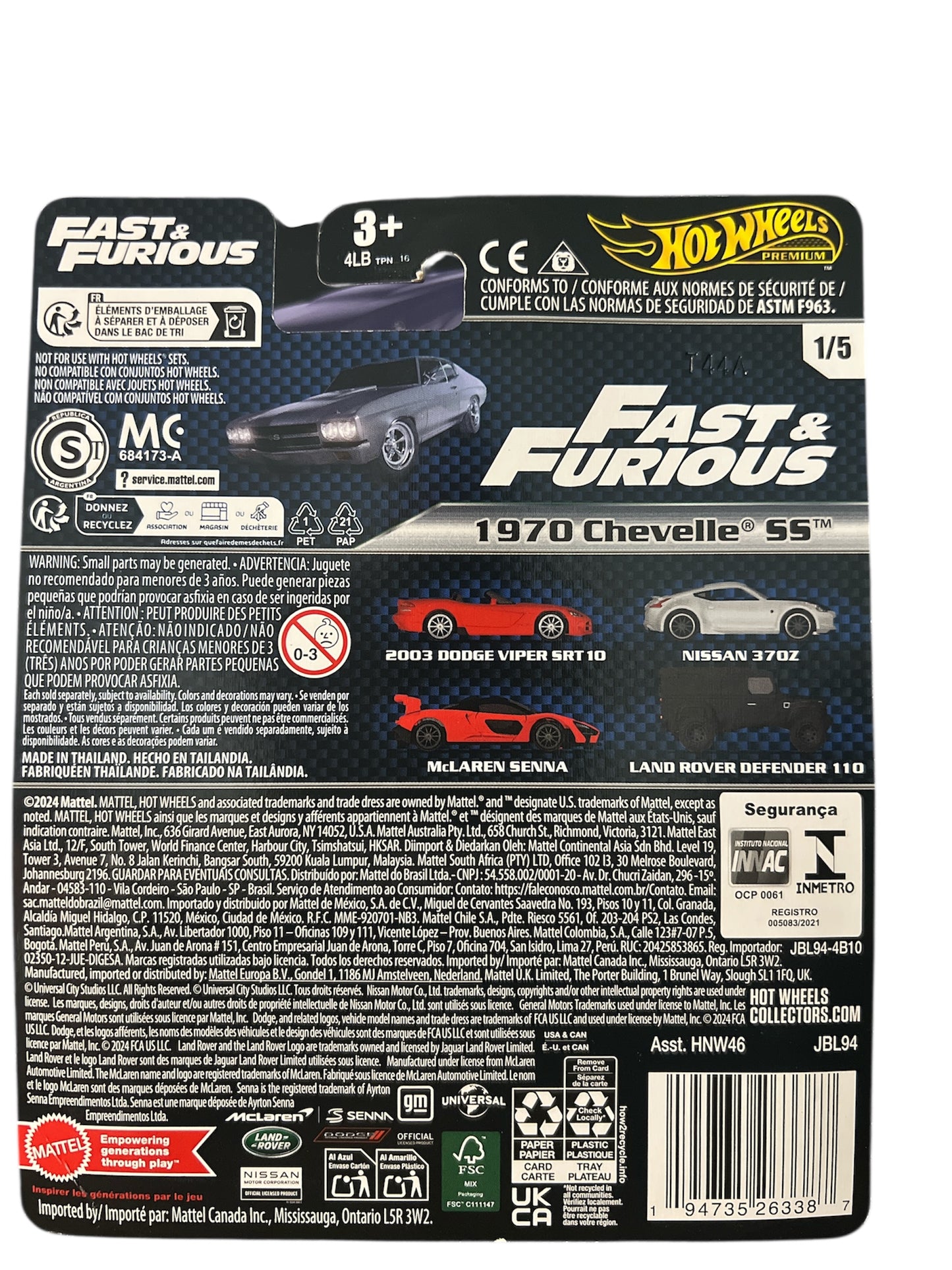 Hot Wheels Premium 2024 Fast & Furious 1970 Chevelle SS 1:64 Diecast Model Car.