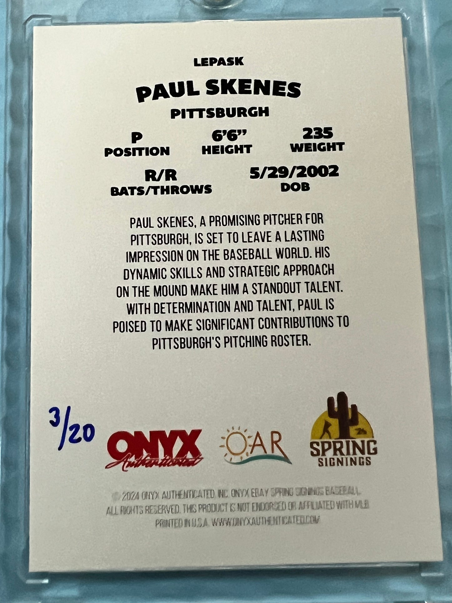 Paul Skenes 2024 ONYX Limited Edition On Card Auto #/20 RC Pirates