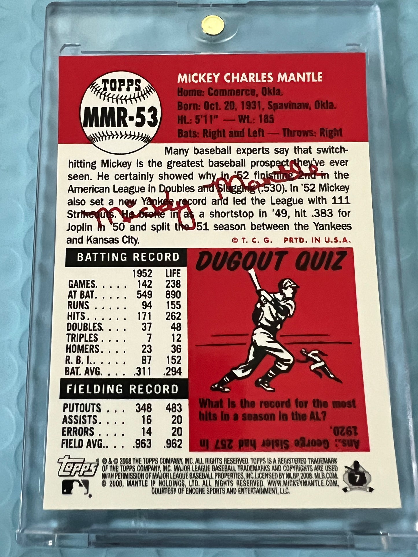 MICKEY MANTLE -2008 TOPPS # MMR-53 /BLUE REFRACTOR !!