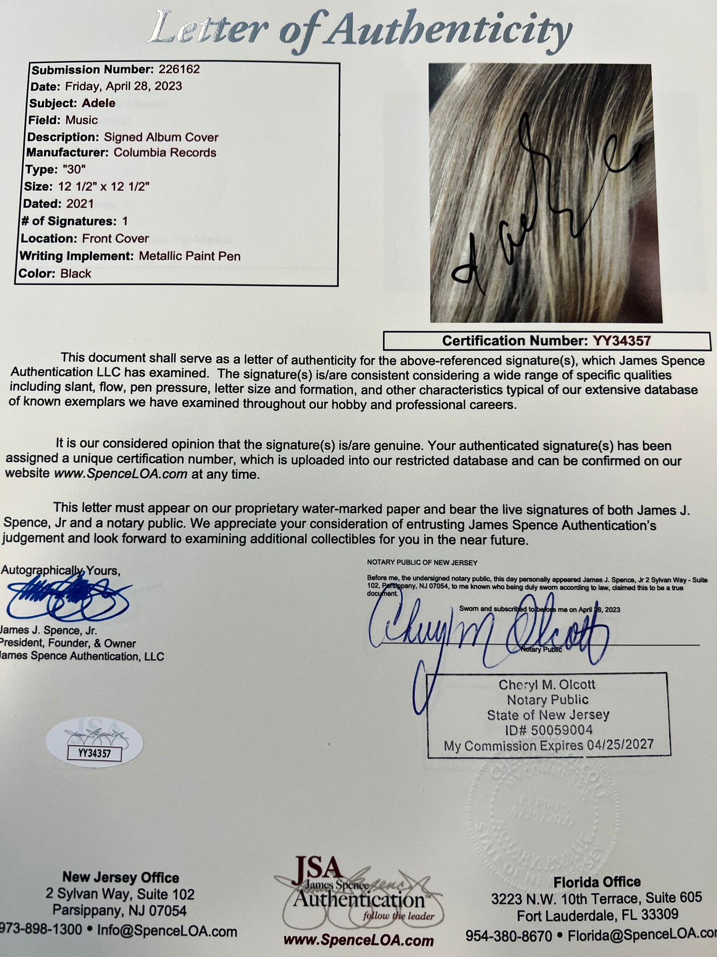 Adele Signed "30" Vinyl LP Record