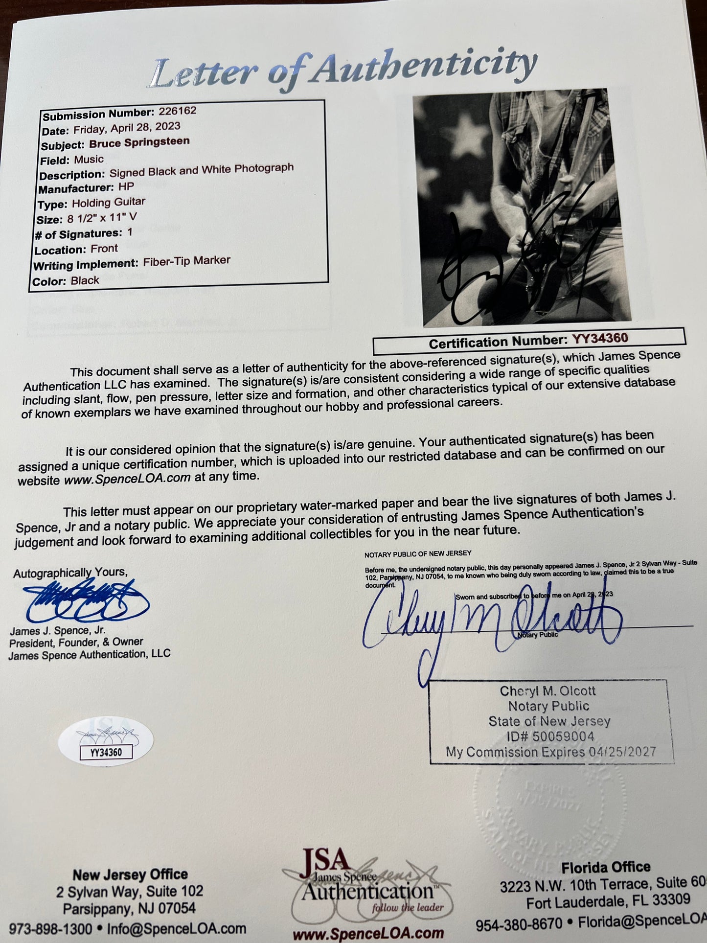 Bruce Springsteen Autographed Photo.