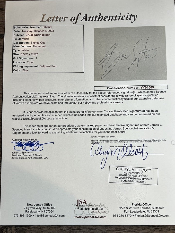 Bruce Springsteen Autographed JSA Authenticated.