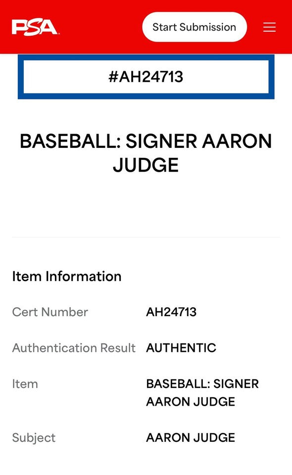 Aaron Judge Autographed Baseball New York Yankees (PSADNA)