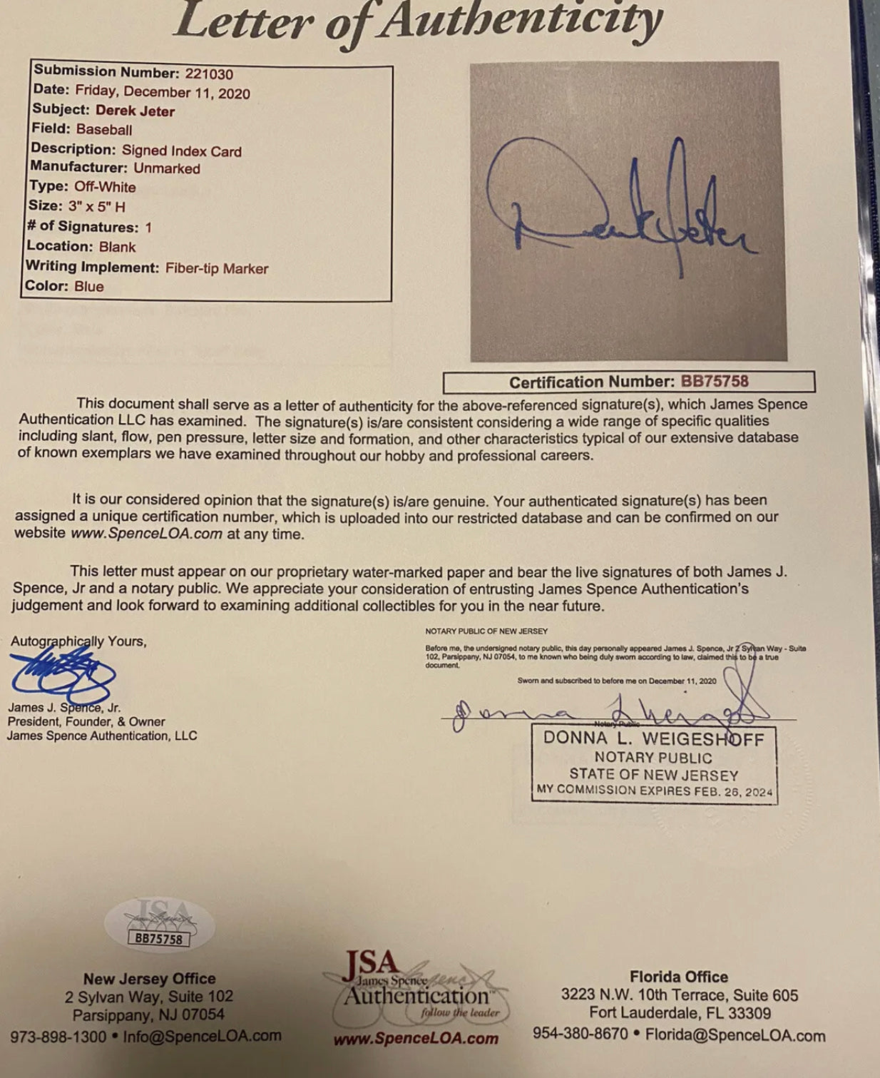 Earliest Known Derek Jeter Pre-Rookie Signature. (Rare) Beckett!! &JSA