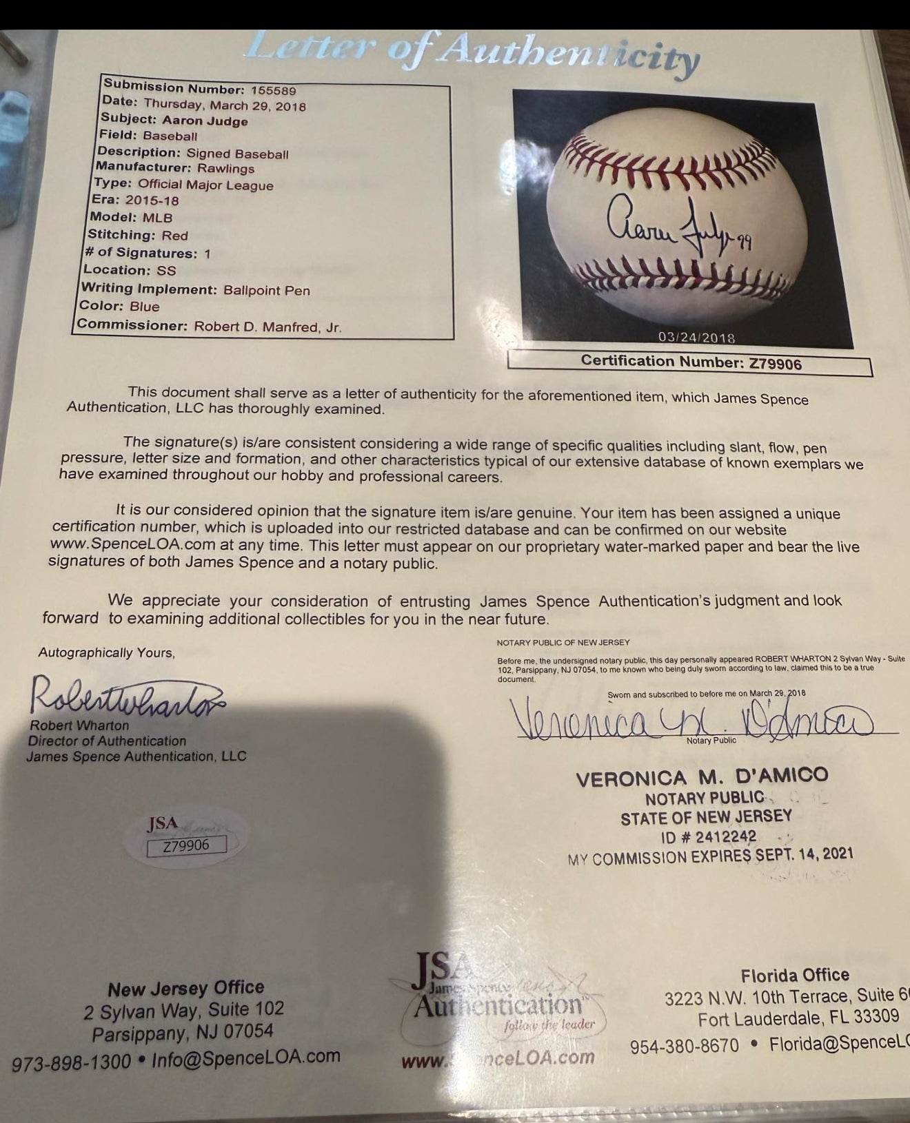 Aaron Judge Rookie Autographed Baseball w/ 99 inscription. JSA