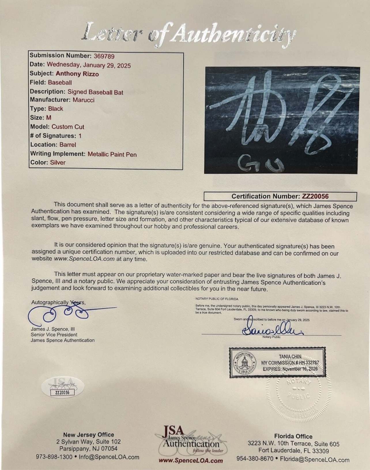 Anthony Rizzo  Autographed Game Used Bat 2015  Uncracked JSA LOA Cubs&Yankees.