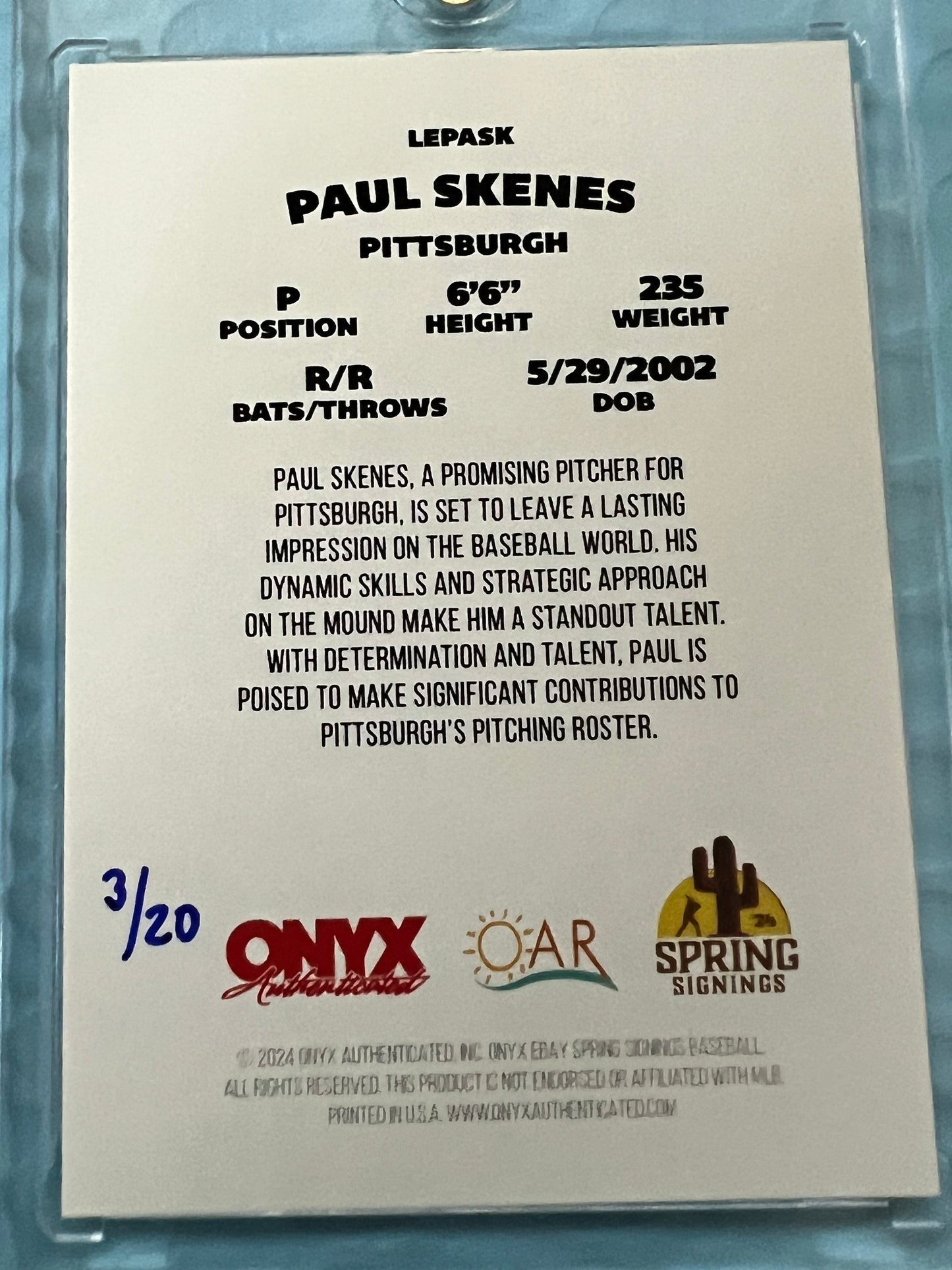 Paul Skenes 2024 ONYX Limited Edition On Card Auto #/20 RC Pirates