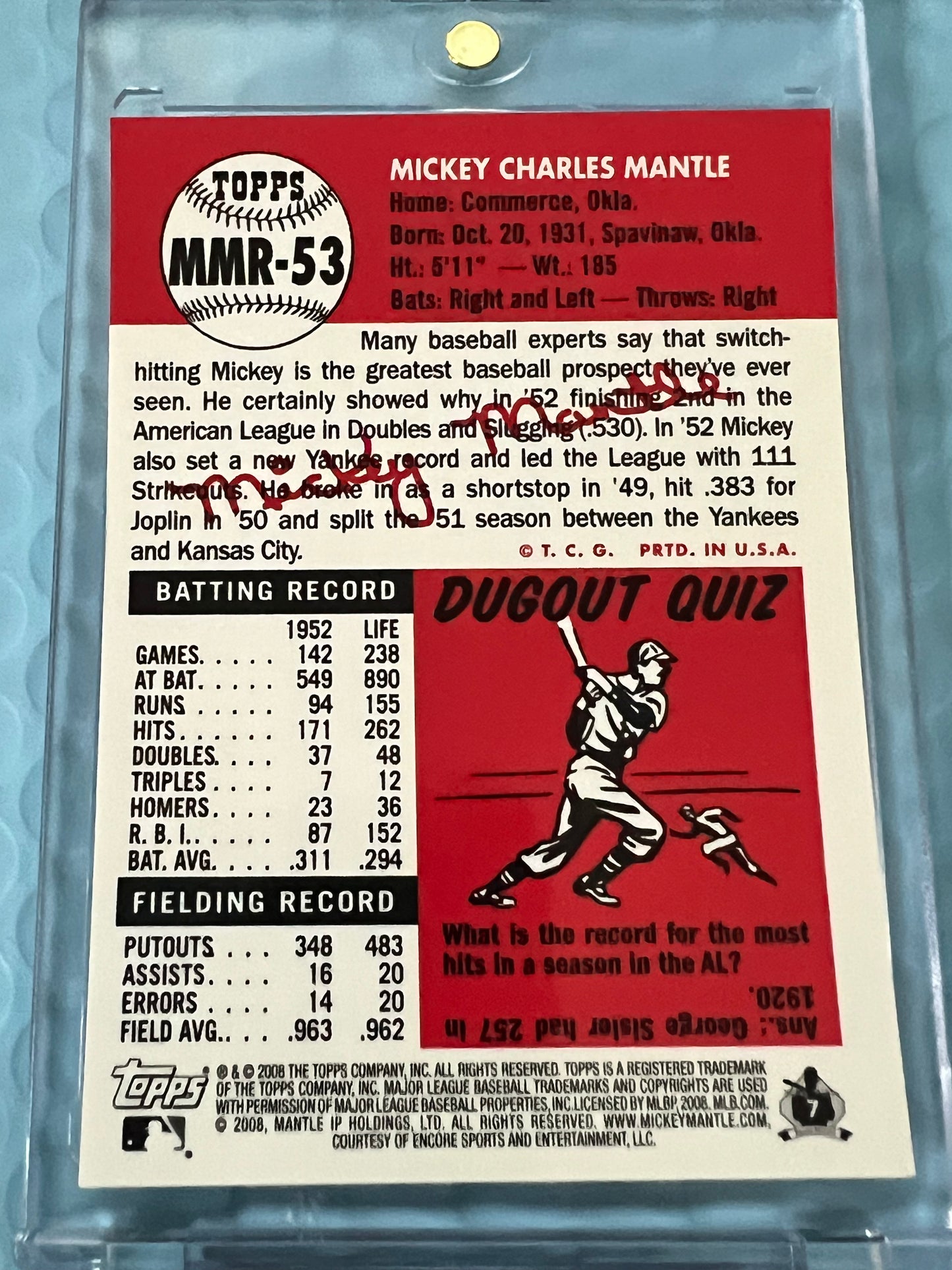 MICKEY MANTLE -2008 TOPPS # MMR-53 /BLUE REFRACTOR !!