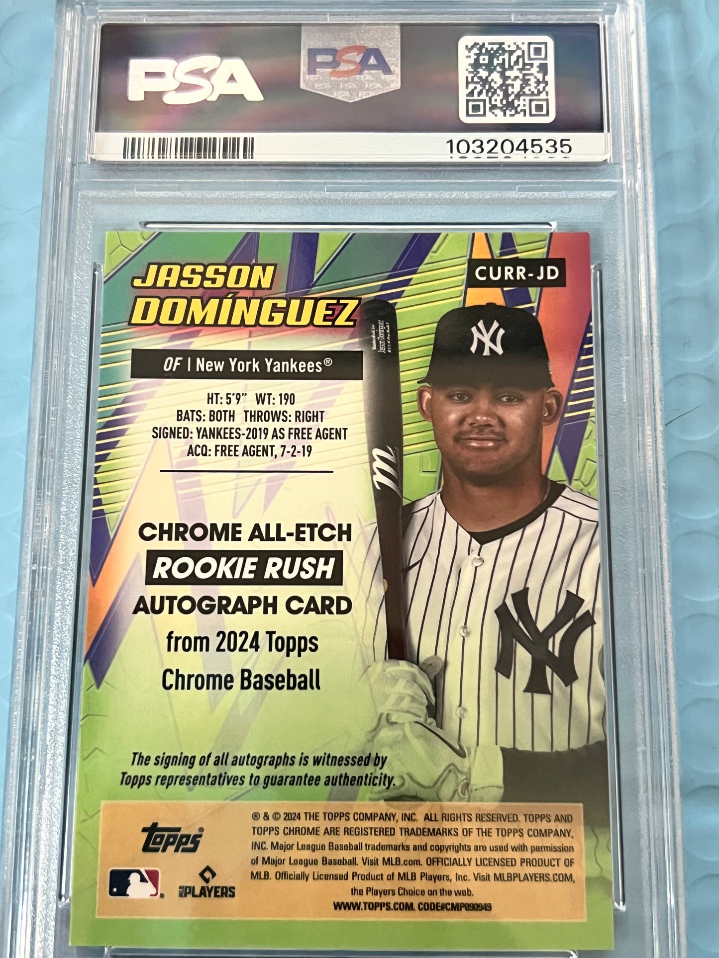 2024 TOPPS CHROME JASSON DOMINGUEZ ROOKIE AUTO PSA 10 GEM MINT