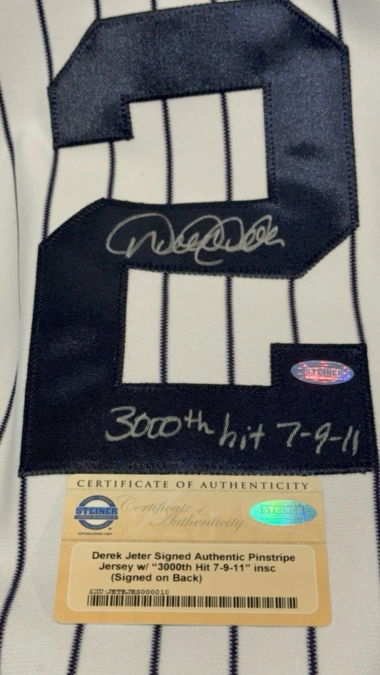 Derek Jeter Autographed Jersey 3000th 7-9-11 Inscription Steiner Cert.