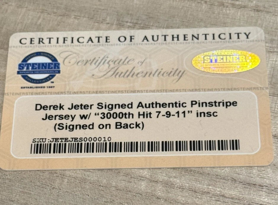 Derek Jeter Autographed Jersey 3000th 7-9-11 Inscription Steiner Cert.