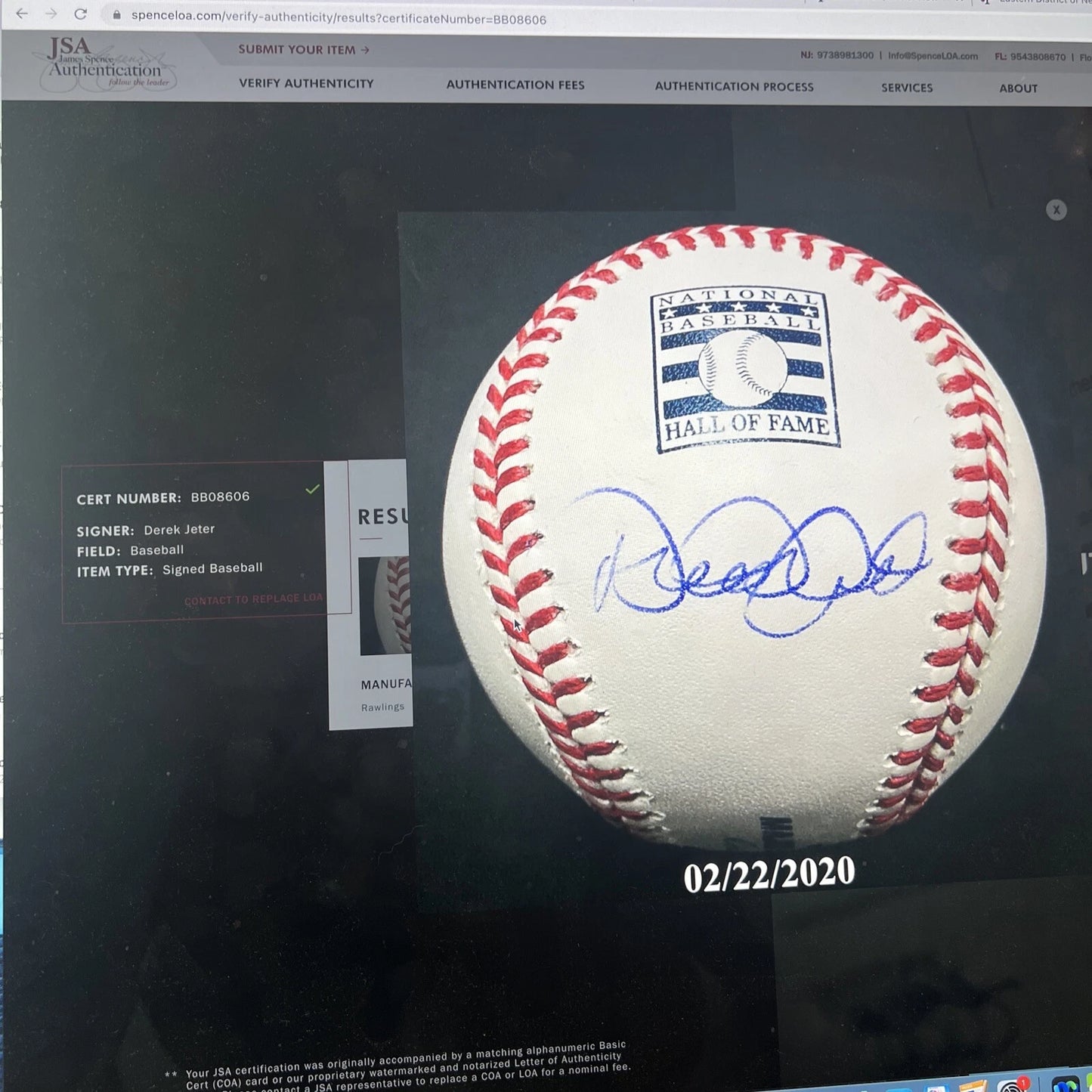 Derek Jeter Autographed Baseball HOF logo. JSA