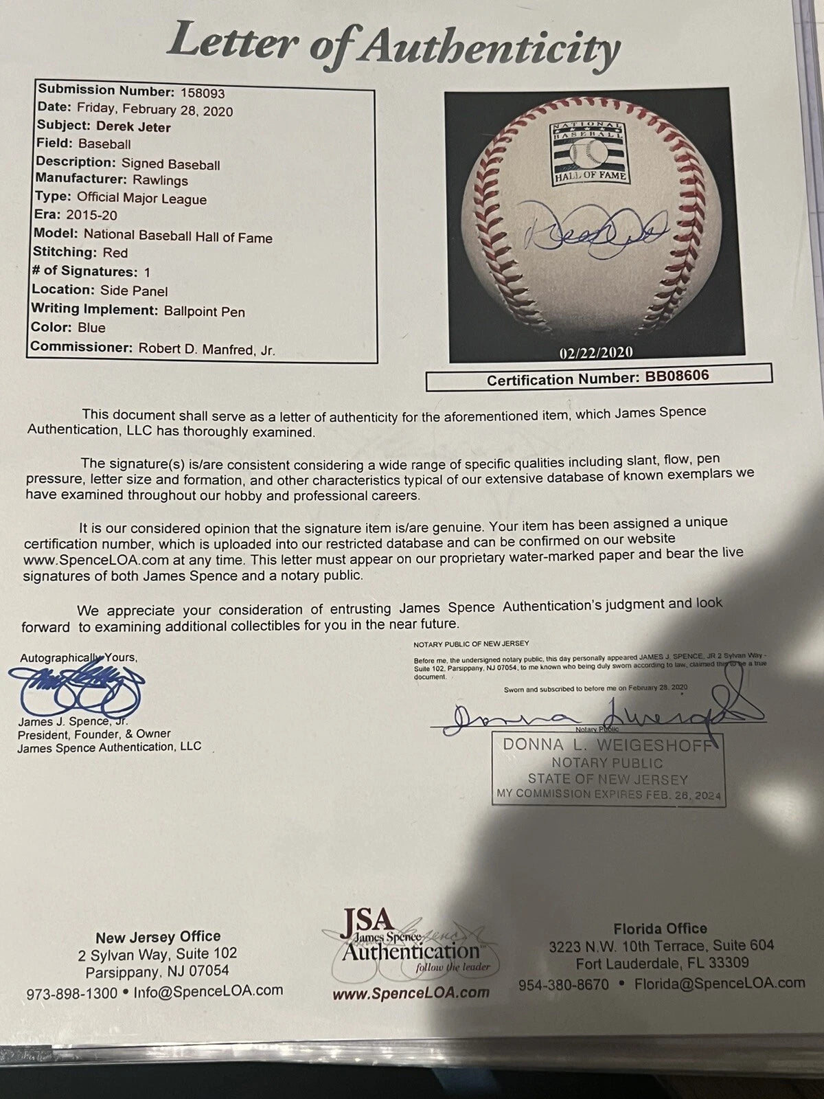Derek Jeter Autographed Baseball HOF logo. JSA