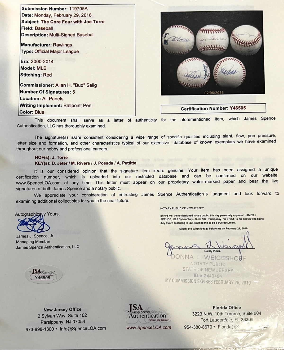 NY YANKEES CORE FOUR SIGNED PETTITTE, JETER, RIVERA POSADA, TORRE AUTH BY JSA