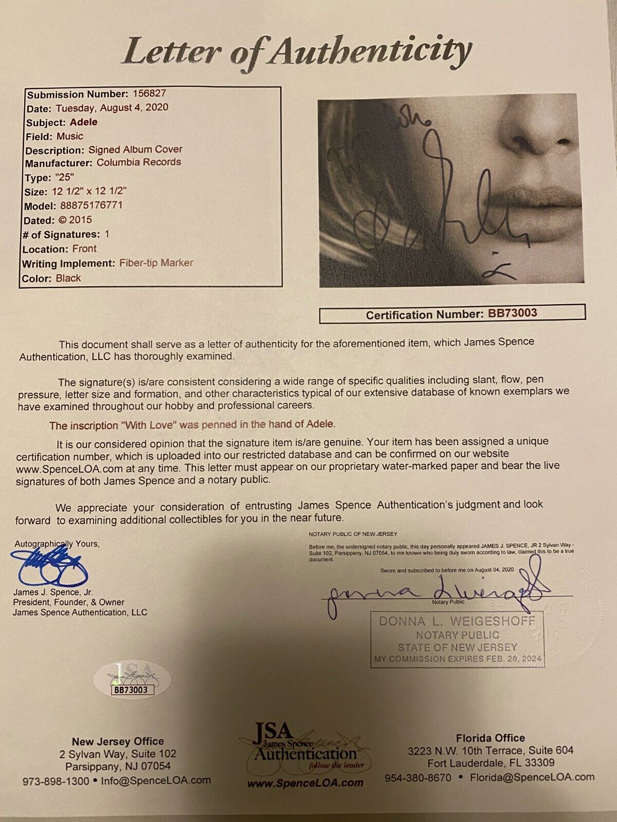 Adele Autographed Signed "25" Vinyl Album. (JSA)